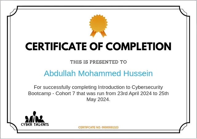 CyberTalents Bootcamp certificate preview