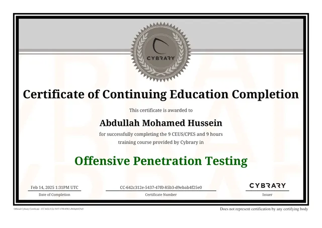 Cybrary Offensive Penetration Testing certificate preview