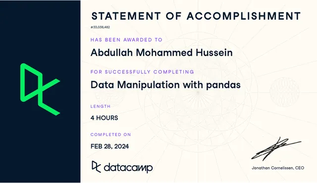 DataCamp Pandas certificate preview