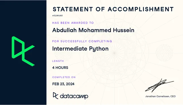 DataCamp Intermediate Python certificate preview