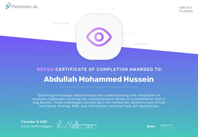 PentesterLab Recon certificate preview