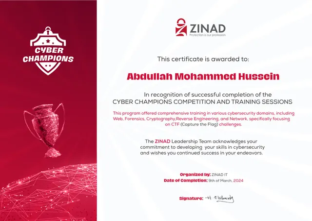 ZINAD Cyber Champions certificate preview