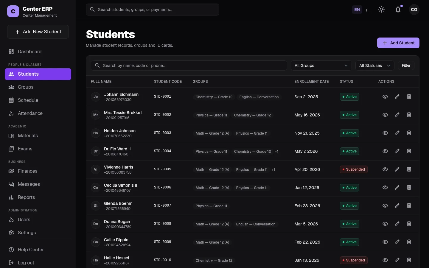 Center ERP students list with search and filters