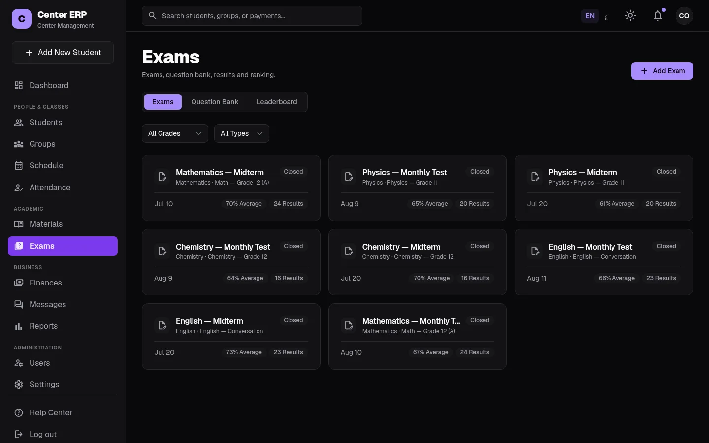 Center ERP exams and results grid
