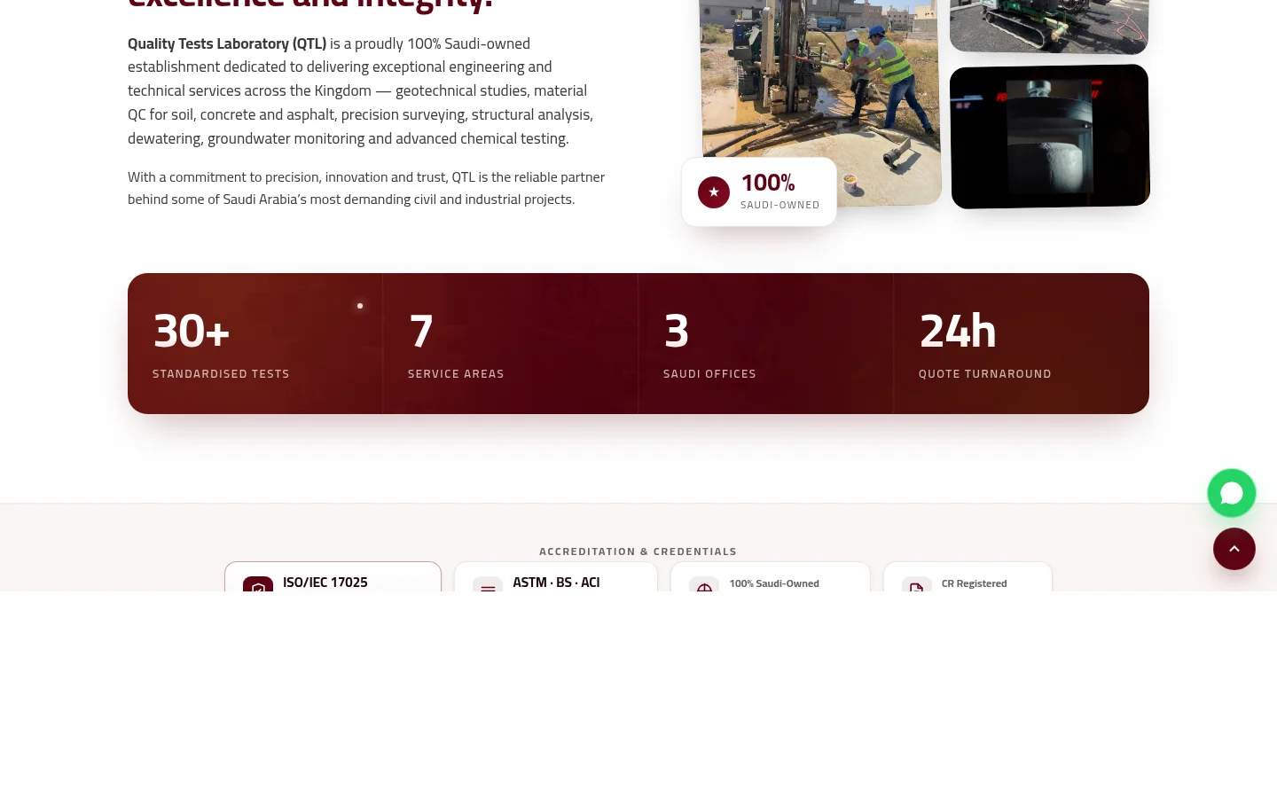 QTL about page with company stats and accreditation